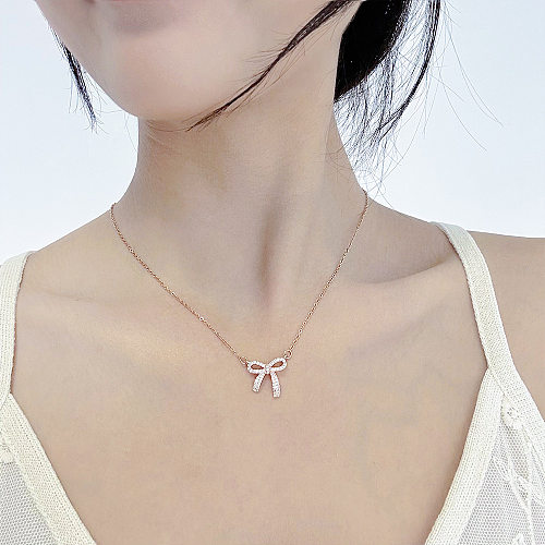 Simple Style Bow Knot Stainless Steel Inlay Zircon Pendant Necklace