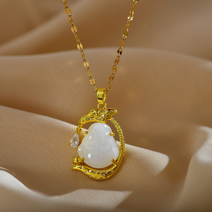 Casual Elegant Geometric Stainless Steel  Plating Inlay Jade Zircon Gold Plated Pendant Necklace