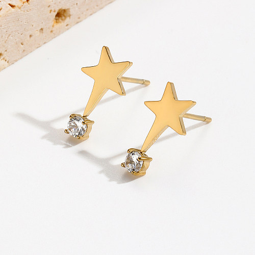 1 par de strass estilo coreano, pentagrama revestido de aço inoxidável, strass banhado a ouro 14K, brincos de orelha