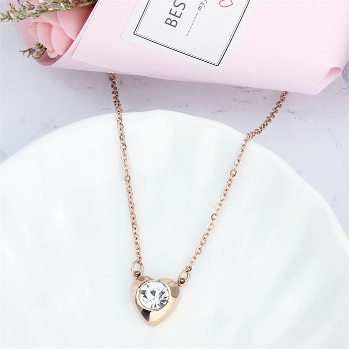 Casual Simple Style Heart Shape Stainless Steel  Stainless Steel Polishing Plating Inlay Zircon Rose Gold Plated Pendant Necklace