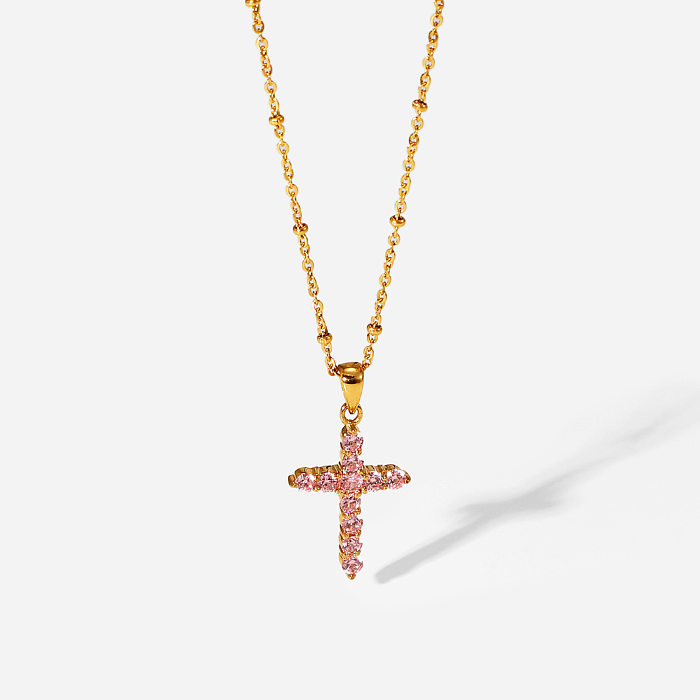 Colar simples com pingente de cruz de zircão rosa de aço inoxidável banhado a ouro 18K