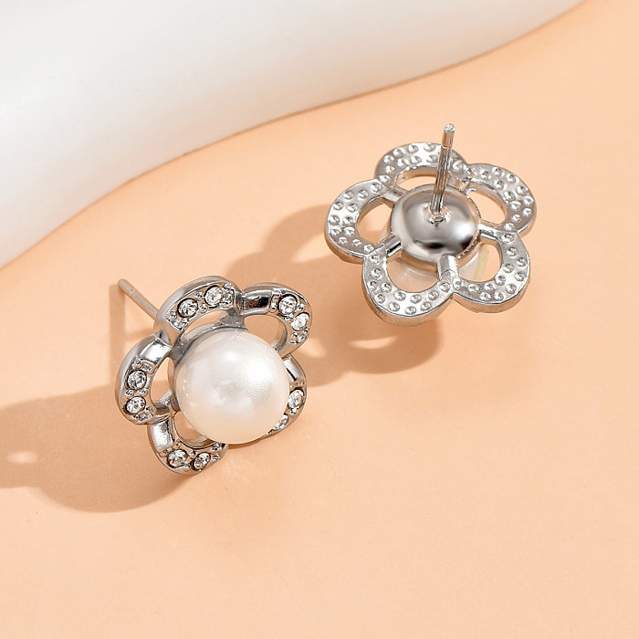 Modische Ohrstecker aus Edelstahl mit Blumen-Inlay, künstlichen Perlen und Strasssteinen, 1 Paar