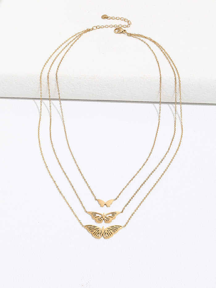 Atacado estilo coreano borboleta aço inoxidável 14K colares em camadas banhados a ouro