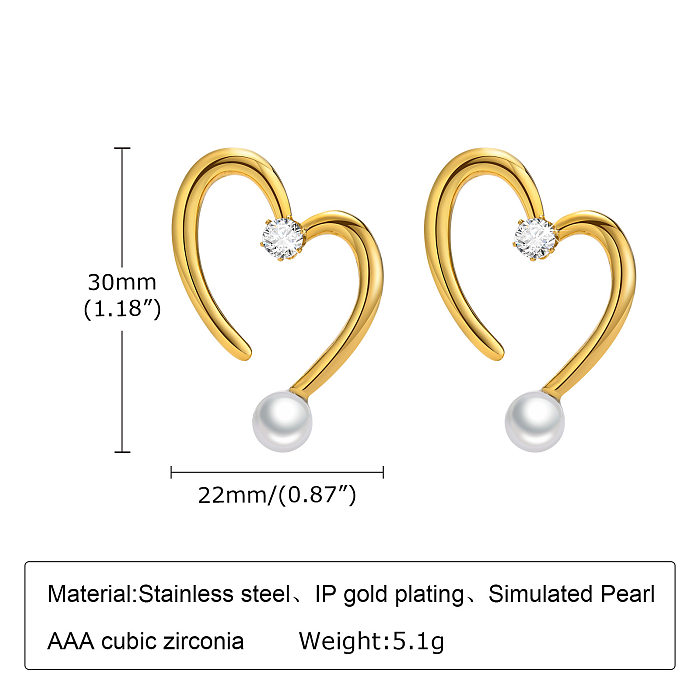 Fashion Geometric Heart Shape Stainless Steel  Inlay Artificial Pearls Zircon Earrings 1 Pair