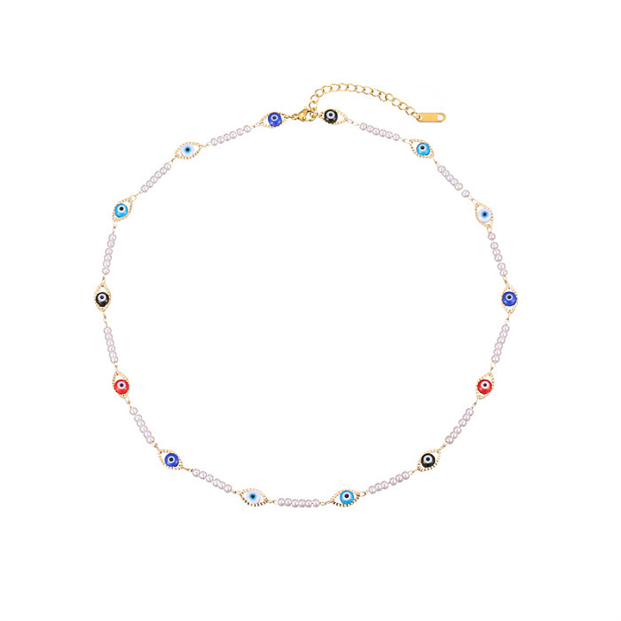 Niedliche schlichte Farbblock-Halskette aus Edelstahl mit Perlenbeschichtung aus Edelstahl und vergoldeten Perlen