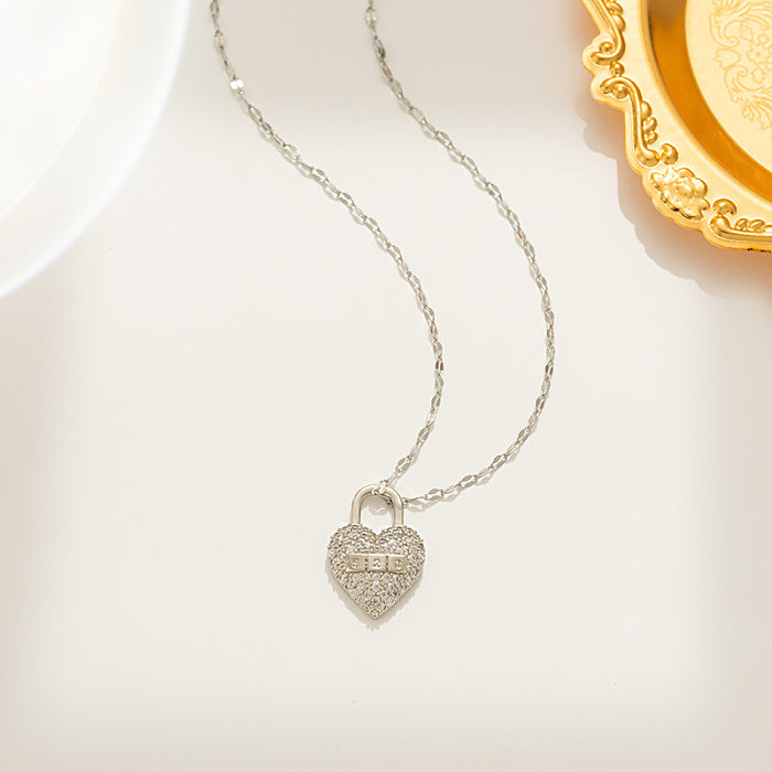 Chinoiserie élégant Streetwear forme de coeur en acier inoxydable incrusté Zircon pendentif collier
