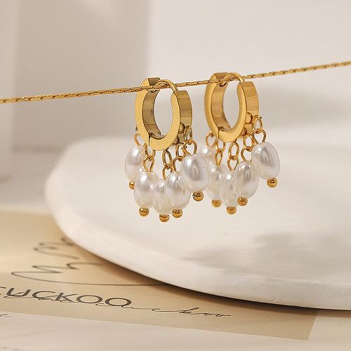 1 paire de boucles d'oreilles pendantes plaquées or 18 carats, Style Vintage, Style Simple, placage de pampilles en acier inoxydable, perle artificielle