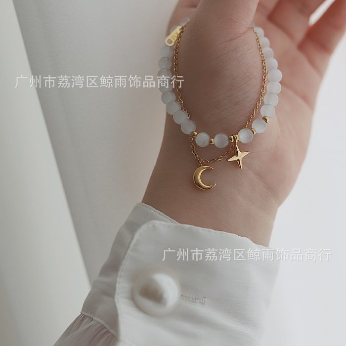 Fashion Jewelry Two Piece Star Moon Opal Elastic Titanium Steel Bracelet