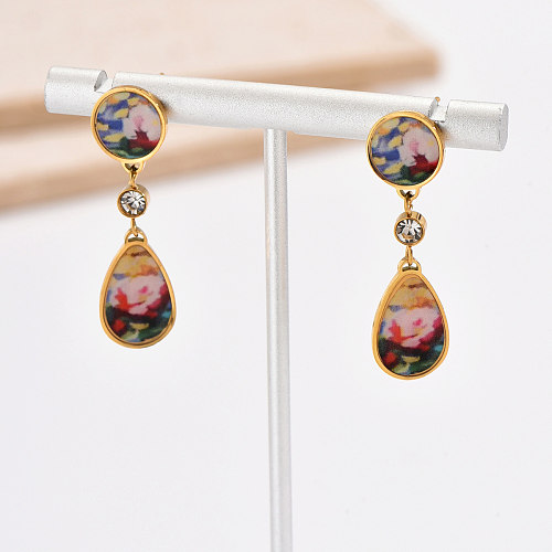 1 Pair Elegant Vintage Style Round Water Droplets Plating Inlay Stainless Steel  Rhinestones 14K Gold Plated Drop Earrings