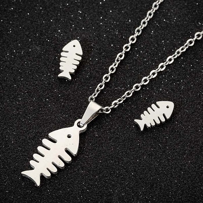 Mode Mond Kokospalme Fischgräte Edelstahl Überzug aushöhlen Ohrringe Halskette 1 Set