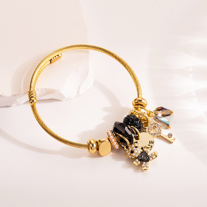 Bonito romântico doce urso liga titânio aço chapeamento strass pulseira banhada a ouro