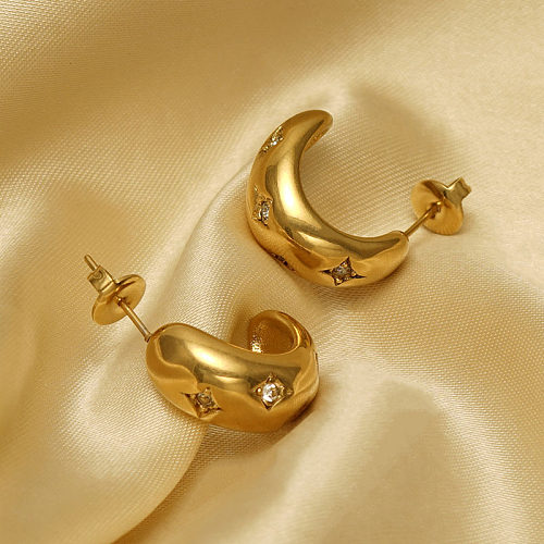 1 par elegante em forma de C estrela chapeamento de aço inoxidável strass embutidos banhados a ouro 18K brincos