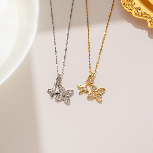 Simple Style Flower Stainless Steel Inlay Rhinestones Pendant Necklace