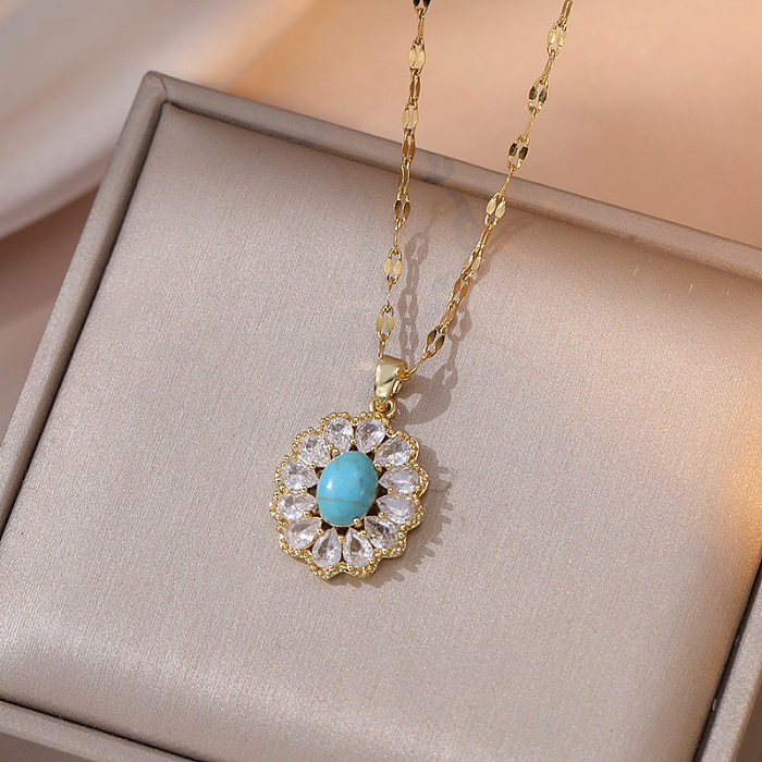 Elegant Luxurious Sweet Oval Stainless Steel Inlay Zircon Pendant Necklace