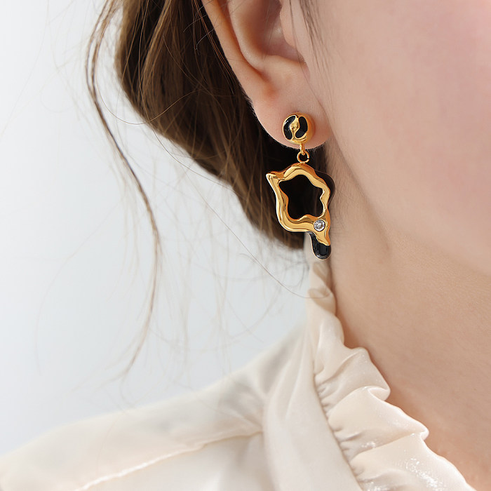 Boucles d'oreilles pendantes rétro luxueuses, 1 paire, incrustation de placage d'émail géométrique, strass en acier inoxydable, plaqué or 18 carats