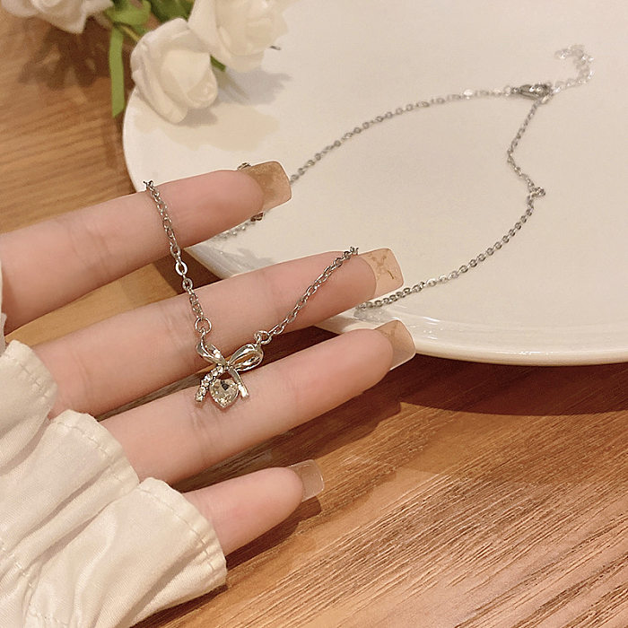 Elegant Lady Geometric Heart Shape Bow Knot Stainless Steel Copper Plating Inlay Zircon Pendant Necklace