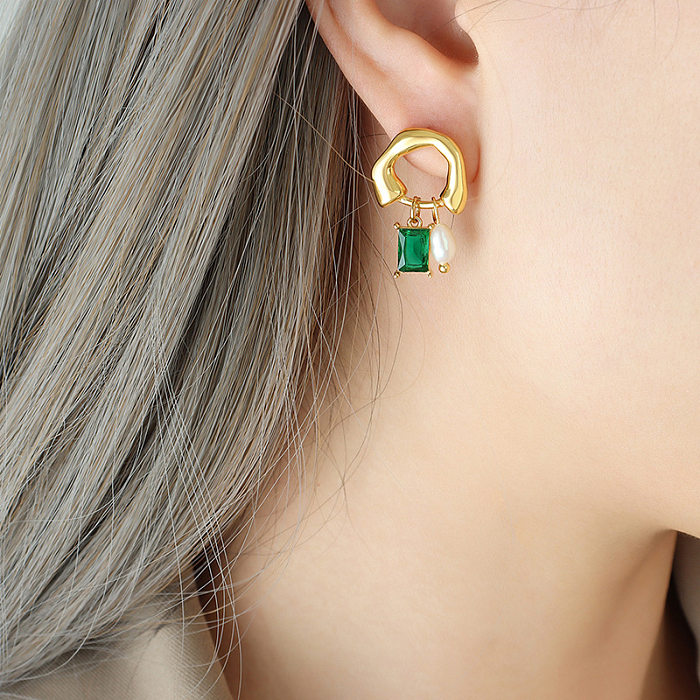1 Paar schlichte, quadratische Ohrringe aus Edelstahl mit Perlenbeschichtung und Inlay aus Glas und Stein