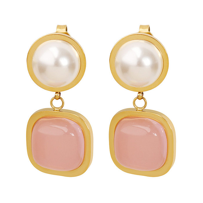 Boucles d'oreilles pendantes élégantes, rondes et carrées, plaquées en acier inoxydable, perles artificielles, 1 paire