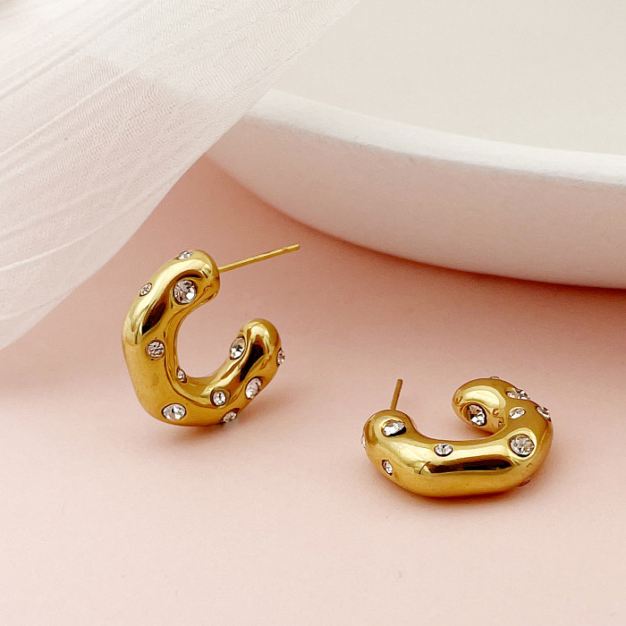 1 Pair Retro C Shape Plating Inlay Stainless Steel  Zircon Gold Plated Ear Studs