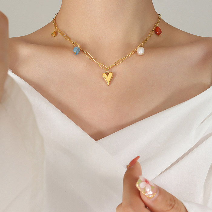 Collier élégant en forme de cœur en acier inoxydable, placage de perles artificielles, pierre naturelle, colliers en acier inoxydable