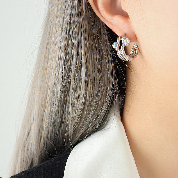 1 paire de boucles d'oreilles incrustées en acier inoxydable, couleur unie, Style Simple