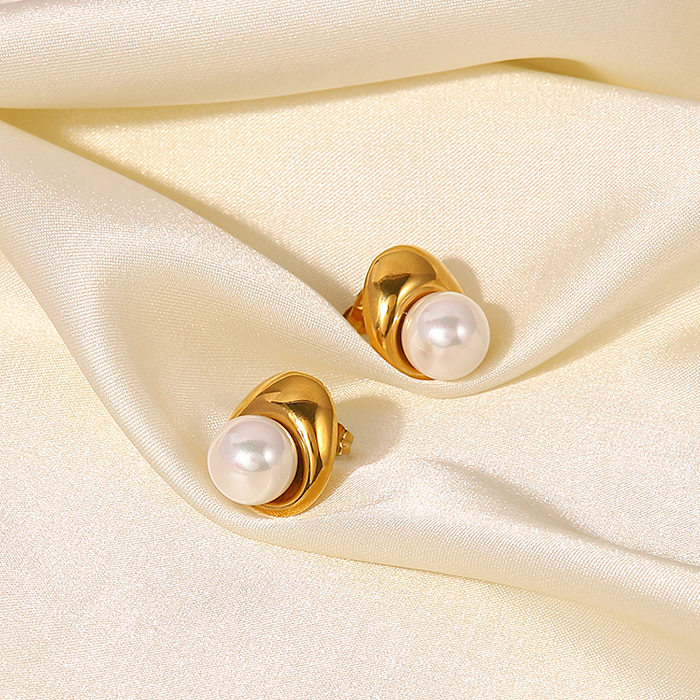 Fashion 18K Gold Plated Stainless Steel  Pearl Water Drop-Shaped Earrings