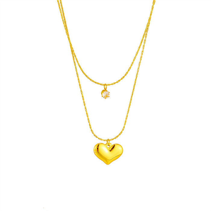 Basic Heart Shape Stainless Steel Gold Plated Rhinestones Layered Necklaces 1 Piece