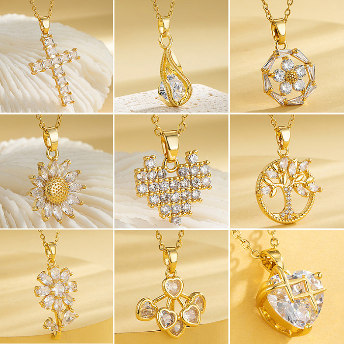 Casual Élégant Croix Forme de Coeur Fleur Acier Inoxydable Placage Acier Incrustation Zircon Plaqué Or 18 Carats Plaqué Or Collier Pendentif