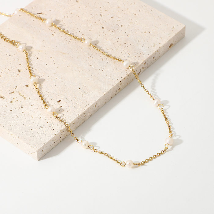 New 18K Gold-plated Stainless Steel  Pearl Chain Necklace