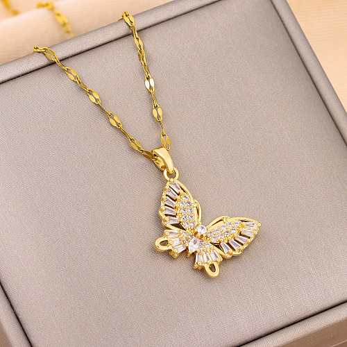 IG Style Butterfly Stainless Steel  Plating Inlay Zircon 18K Gold Plated Pendant Necklace