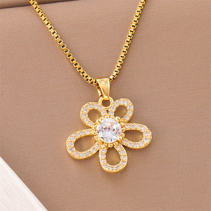 Sweet Cross Little Bear Flower Stainless Steel  18K Gold Plated Artificial Diamond Pendant Necklace In Bulk