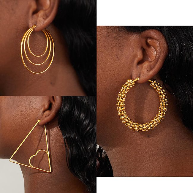 1 paire de boucles d'oreilles rondes en acier inoxydable, Triangle à la mode exagérée