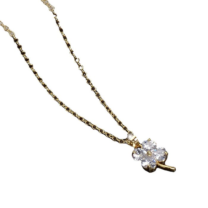Modische vierblättrige Kleeblatt-Halskette aus Edelstahl mit Strasssteinen, 1 Stück