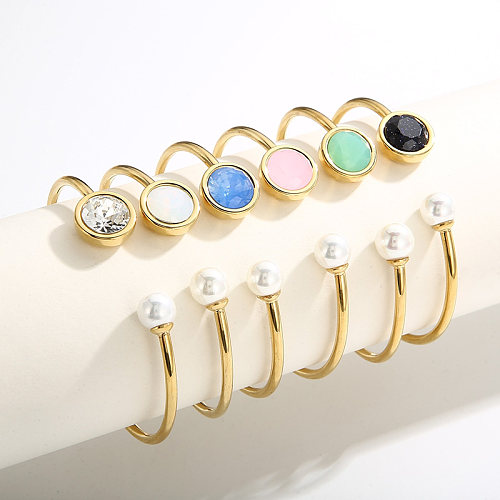Modern Style Simple Style Round Stainless Steel Titanium Steel Plating Inlay Glass Stone Pearl Zircon 18K Gold Plated Bangle