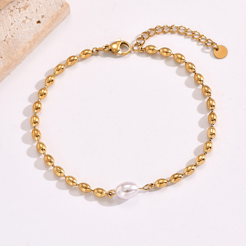 Simple Style Round Stainless Steel Pearl Plating 14K Gold Plated Bracelets