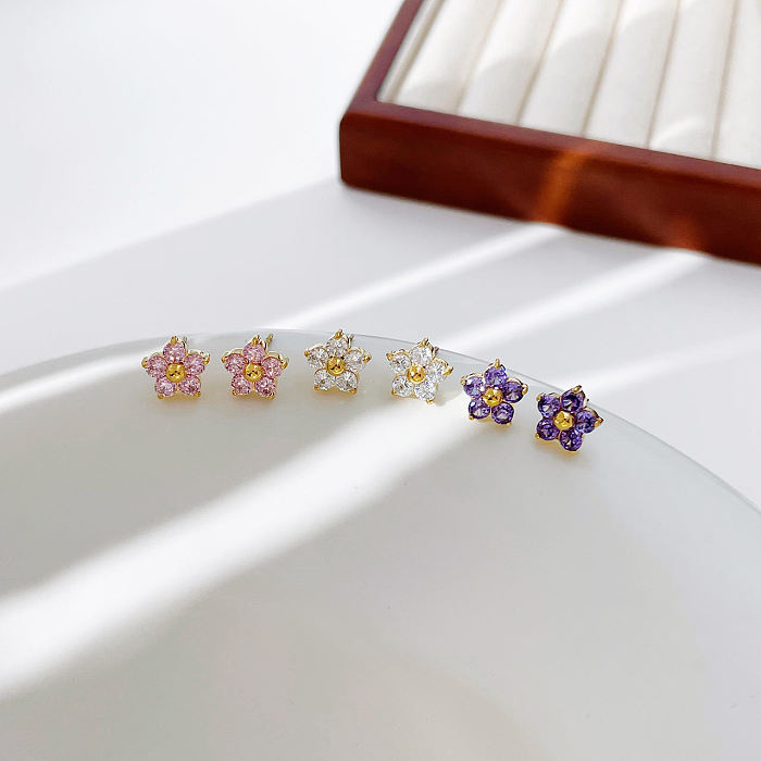 1 Paar Ohrstecker im Feenstil mit eleganter süßer Blumenvergoldung und Inlay aus Edelstahl mit Zirkon