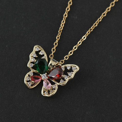 Lady Classic Style Butterfly Stainless Steel  Inlay Zircon Pendant Necklace