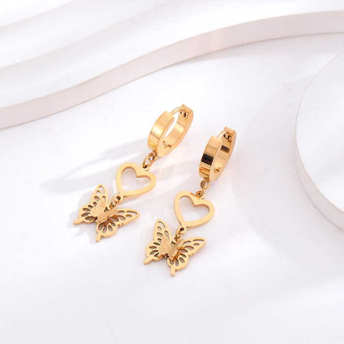 1 Paar klassische runde Herzform-Schmetterlings-Ohrringe mit Edelstahlbeschichtung und Inlay aus 24 Karat vergoldeten Strasssteinen
