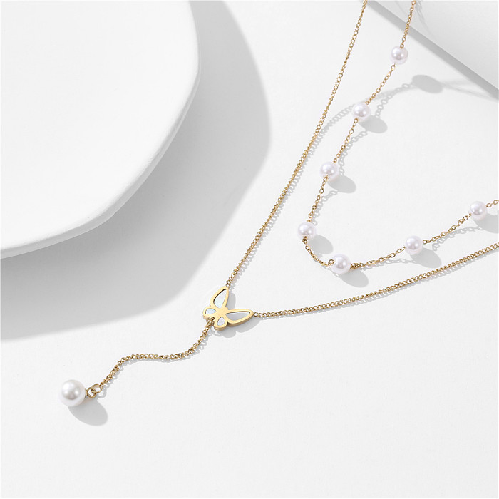 Elegant Butterfly Stainless Steel Plating Inlay Artificial Pearls Shell 18K Gold Plated Layered Necklaces