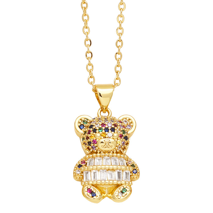 Cute Little Bear Stainless Steel  Copper Plating Inlay Zircon 18K Gold Plated Pendant Necklace