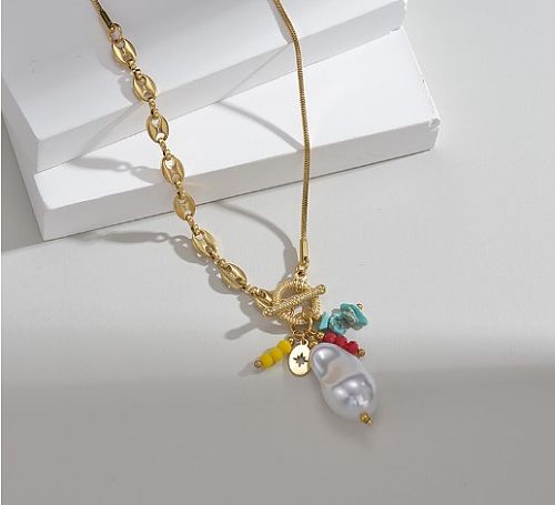 Modische Halskette mit geometrischem Anhänger aus Edelstahl mit Perlen und Perlenbeschichtung, 1 Stück
