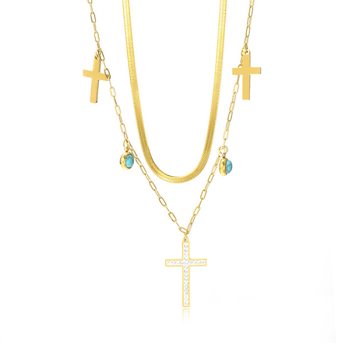 Simple Style Shiny Cross Stainless Steel  Plating Inlay Turquoise 18K Gold Plated Double Layer Necklaces