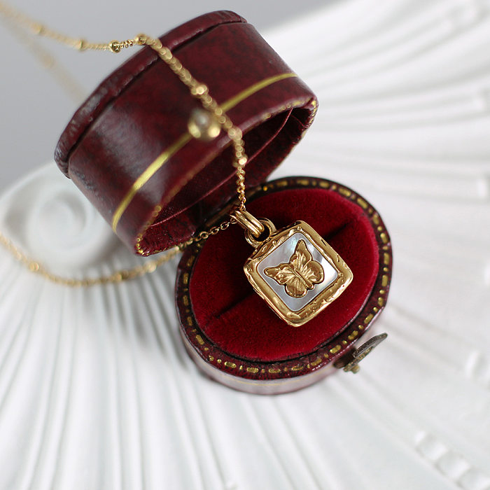 Collier pendentif rétro papillon en acier inoxydable, incrustation de coquille plaquée or 18 carats, Long collier