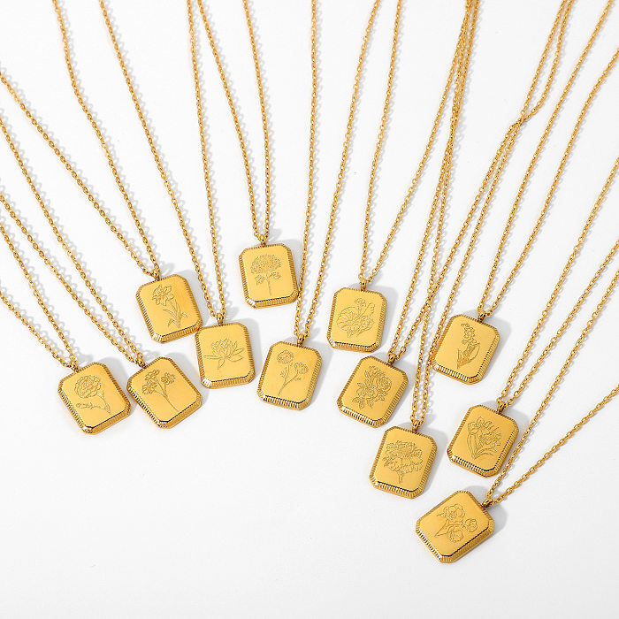 قلادة من الفولاذ المقاوم للصدأ مطلية بالذهب عيار 18 قيراط ومجوهرات زهرة ديسمبر على شكل مربع