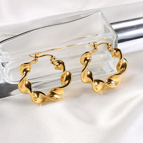 1 Pair Retro Handmade Round Polishing Plating Pleated Stainless Steel  18K Gold Plated Earrings