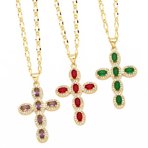 Vintage Style Cross Stainless Steel  Copper Plating Inlay Zircon 18K Gold Plated Pendant Necklace