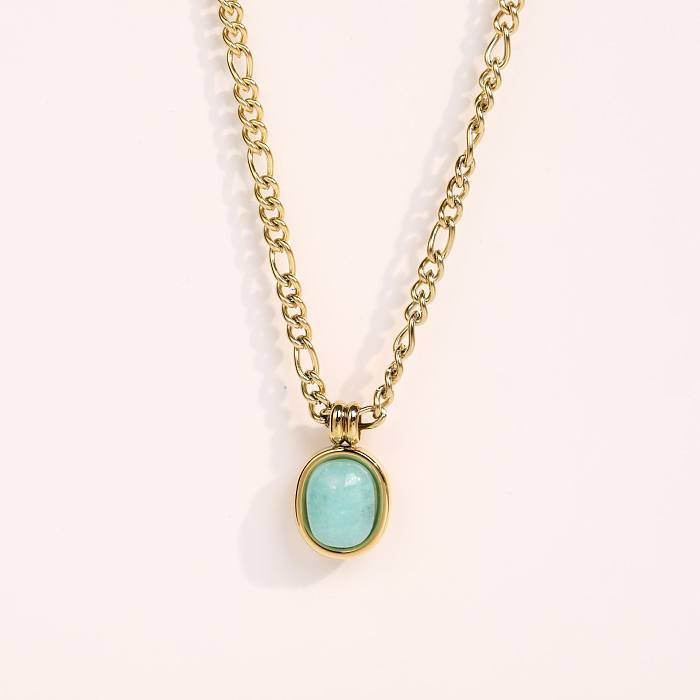 1 Piece Retro Oval Stainless Steel  Inlay Turquoise Pendant Necklace
