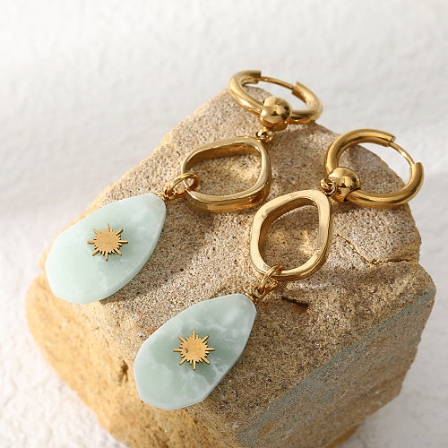 1 Paar elegante, romantische Sonnen- und Wassertropfen-Ohrringe aus Edelstahl mit Natursteinbeschichtung und 18 Karat vergoldet