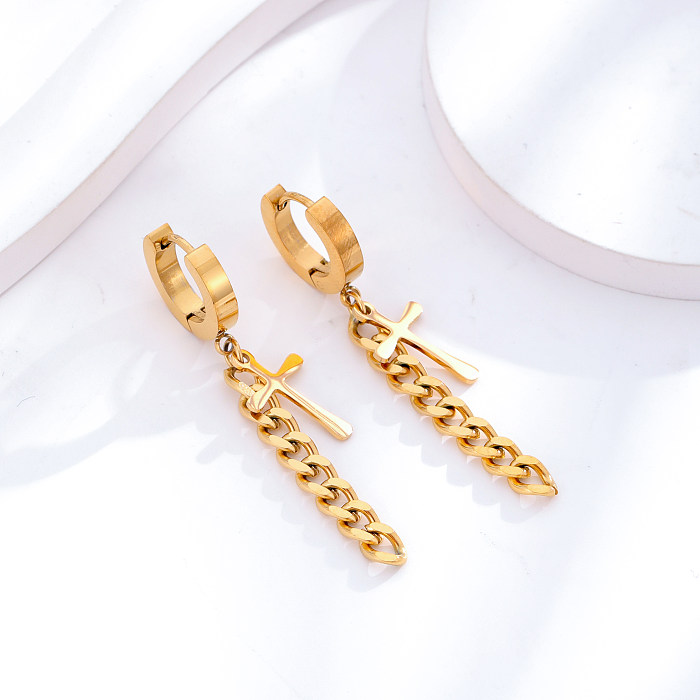 Boucles d'oreilles pendantes plaquées or 1 carats, 24 paire, croix de Style Simple, incrustation de strass en acier inoxydable