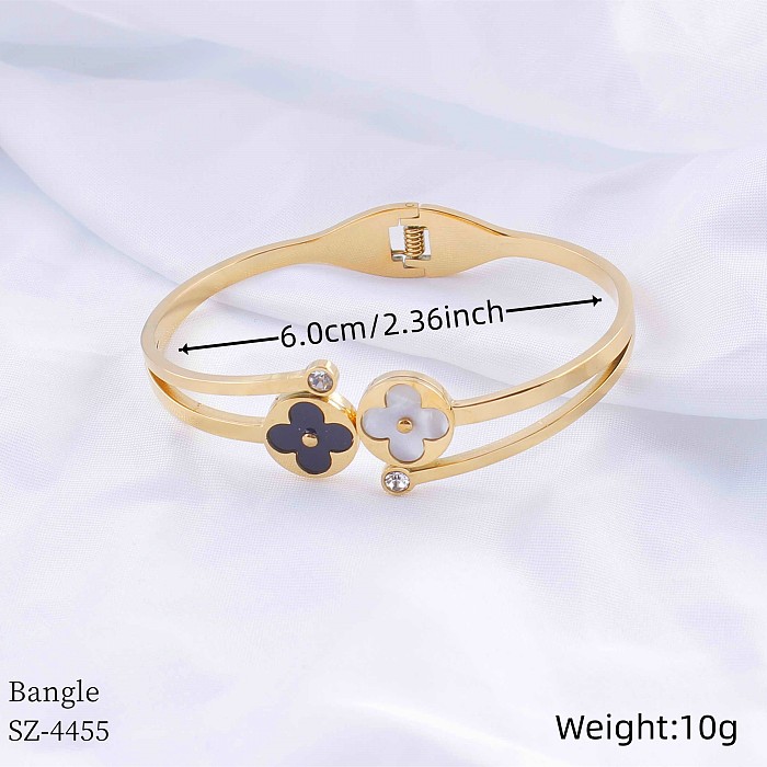 Wholesale Casual Classic Style Four Leaf Clover Stainless Steel Plating Inlay Rose Gold Plated Gold Plated Silver Plated Rhinestones Shell Bangle
